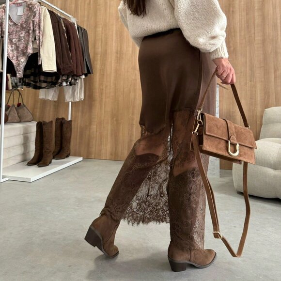 Coffee Brown Elegant Women's Lace Patchwork Zipper Bodycon Skirt - Picture 2 of 5